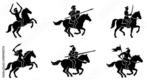 Ancient warrior silhouettes on horseback, set of 6 cavalry soldier vector icons, historical military riders with swords and spears, black knight and gladiator figures