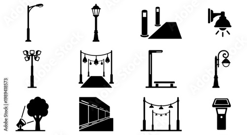 Urban street lighting icons set, black silhouette outdoor lamp posts and park lanterns, 12 vector elements for city infrastructure and landscape design