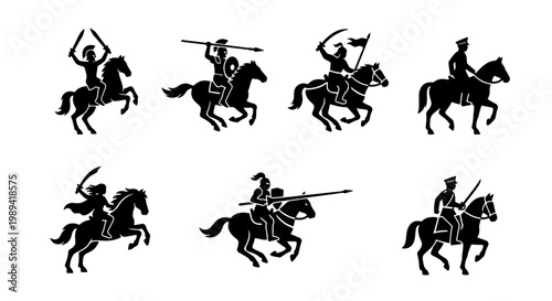 Ancient warrior cavalry silhouettes, historical knight and soldier horsemen set, 7 black vector icons of medieval and antique mounted troops