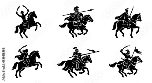 Ancient warrior silhouettes on horseback, set of 6 historical cavalry icons, black knight and gladiator vector illustrations for heraldry and logos