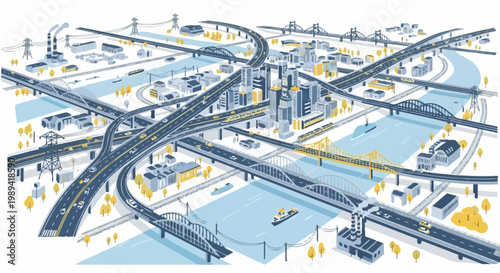 Complex Urban Network: Cityscape with Intersecting Highways, Bridges, and River