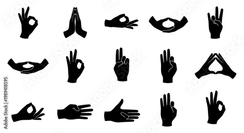 Yoga mudra hand gestures set, black silhouette icons of spiritual meditation hand positions, 15 zen finger symbols for wellness and mindfulness
