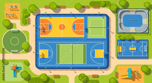 Aerial View of Sports Complex: Basketball Courts, Tennis Courts, Soccer Field, Skate Park, Playground