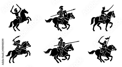 Ancient warrior cavalry silhouettes, medieval knight and roman soldier on horseback, set of 6 historical military rider vector icons