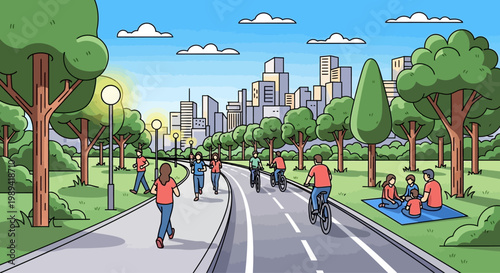 People enjoying a sunny day in a city park, running, cycling, and picnicking with skyline.