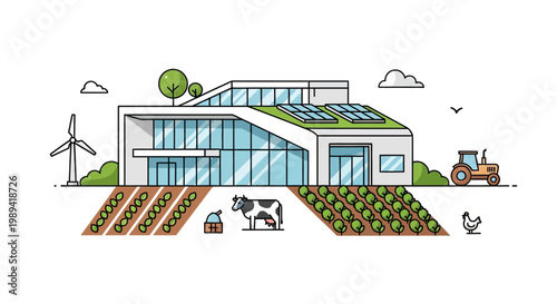 Sustainable modern farm with solar panels, windmill, and livestock.