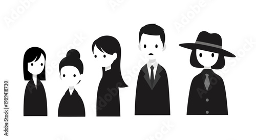 Diverse Group of People in Formal Black Attire, Minimalist Flat Design