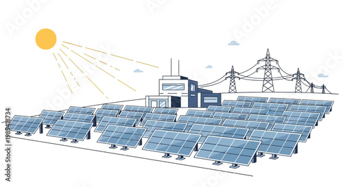 Solar farm powering industrial building with electricity grid connection, renewable energy concept illustration.