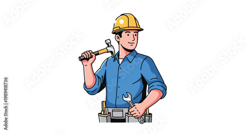 Construction worker with hammer and wrench, wearing hard hat and tool belt, illustration