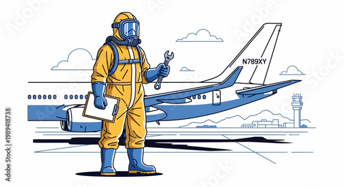 Aviation Mechanic in Hazmat Suit with Wrench and Clipboard Beside Airplane