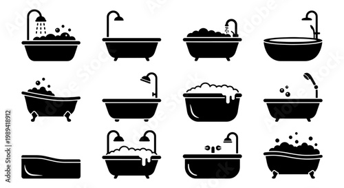 Bathtub icon set with 12 black vector silhouettes, bathroom plumbing fixtures with soap bubbles and shower heads, modern bath tub symbols