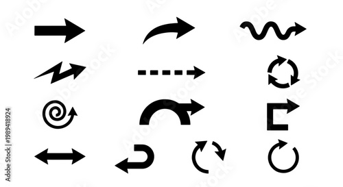 Black arrow icon set with 12 vector elements, minimalist directional symbols for navigation, curved and straight pointer collection for web design