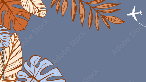 Tropical leaves and an airplane silhouette form a decorative travel border.