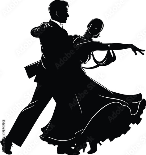 Elegant ballroom dancing couple silhouette in dynamic waltz pose with flowing dress, isolated on white background