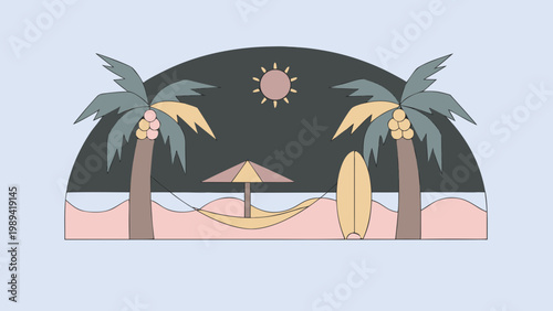 Palm trees and a surfboard stand on a sandy beach during a sunny tropical day.