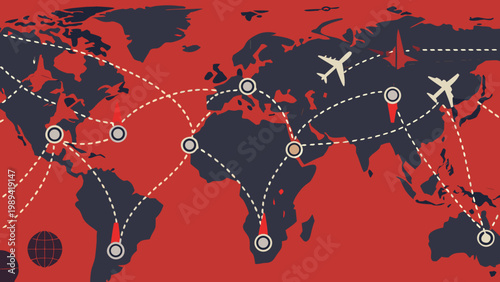 Airplane routes connect major cities across a stylized red world map background.