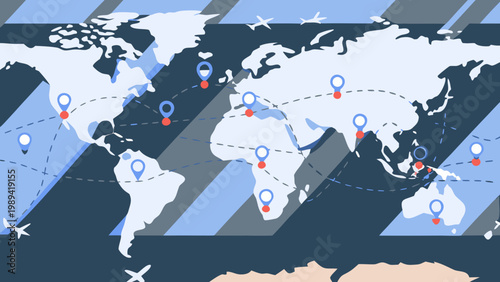 Global map displays interconnected flight paths and travel locations across continents.