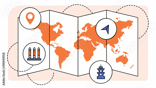 World map features stylized icons representing global travel and logistics destinations.