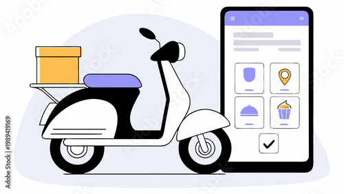 Scooter carries a delivery box next to a smartphone showing a mobile ordering application.