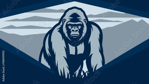Gorilla peers from behind a geometric mountain frame in a stylized blue-toned illustration.
