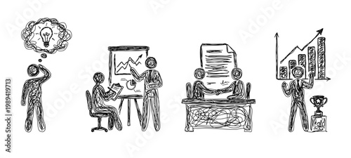 Authentic hand-drawn scribble business concepts including brainstorming, data analysis, closing deals, and success. Versatile sketchy icons for agile brand storytelling.