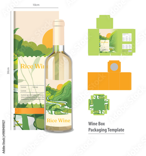 Wine bottle packaging template, rice wine label design, green wine box, packaging mockup