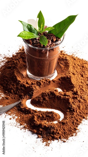 Cocoa Powder Mound With Glass Of Chocolate Mousse Topped With Fresh Green Leaves And Roasted Beans Isolated On White Background