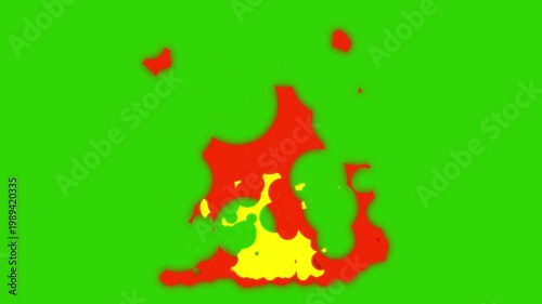 2D cartoon style fire and flames animation effect, isolated on green screen background