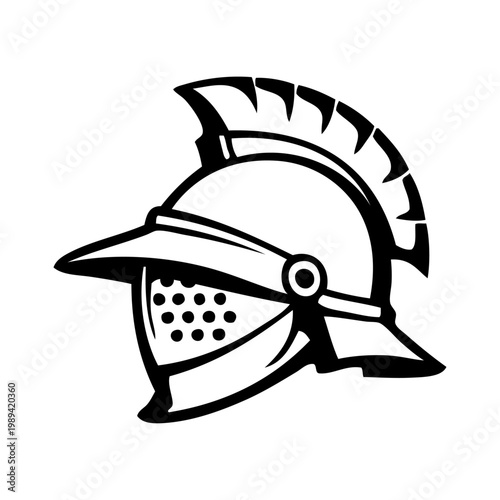 Logo casco de gladiador romano. Icono con dibujo minimalista con líneas de un casco integral de gladiador romano, visto de perfil 