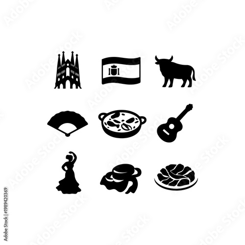 9 sets of iconic Spanish symbols such as the Sagrada Familia, flags, bulls, dancers, etc. Perfect for educational materials.