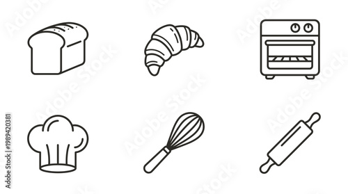 Collection of baking icons including bread, croissant, oven, chef hat, whisk, and rolling pin, suitable for food and culinary themes