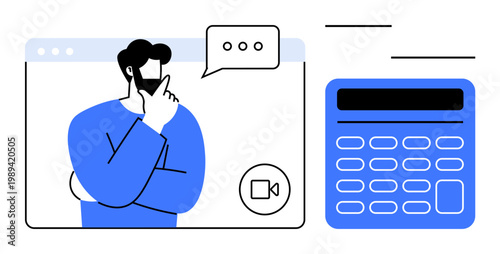 Remote work, business planning, online learning, virtual meetings, calculations, financial tools. Person in video call with a speech bubble and digital calculator. Remote work and business planning