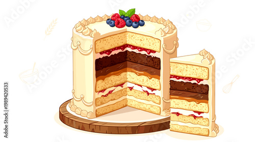 Delicious layered cake with vanilla frosting and a slice removed, showcasing fruit and chocolate fillings, perfect for celebrations