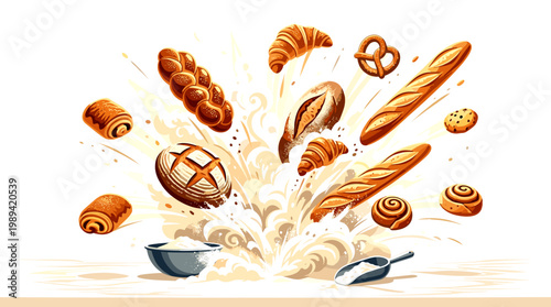 Artistic Explosion of Freshly Baked Bread and Pastries in a Culinary Delight