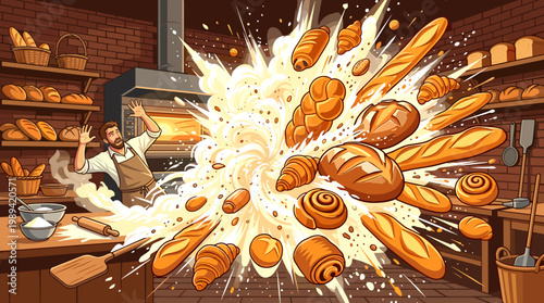 Explosion in a bakery with a surprised baker as bread and pastries fly everywhere, cartoon style
