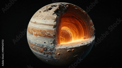 Glowing gas giant planet cross section with molten core, striped atmosphere, and dramatic dark background for astronomy and space science concepts.