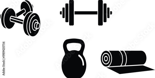 Fitness equipment icons dumbbells barbell kettlebell and roller set