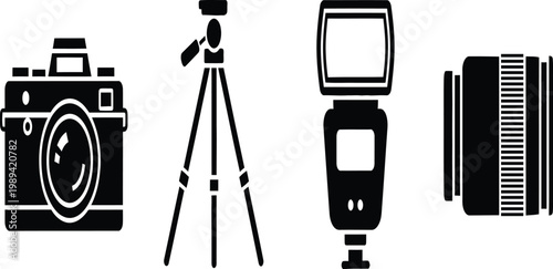 Photography equipment icons camera tripod flash and accessories