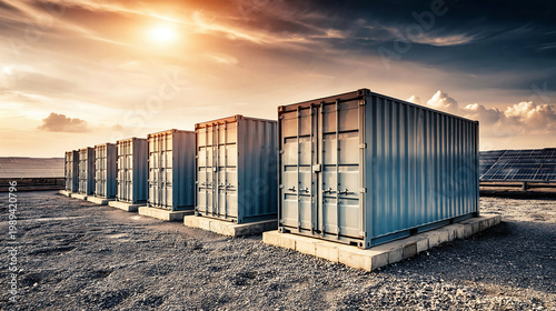 Shipping containers stand in an industrial yard at sunset with dramatic sky, warm light, and a modern logistics atmosphere.