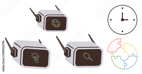 Technology, innovation, problem-solving, time management, connectivity, and virtual exploration. Three VR headsets with symbols and nearby a clock and puzzle icon. Technology and innovation concept