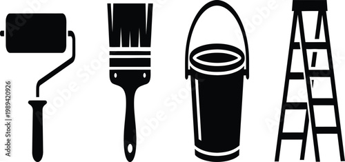 Painting tools collection roller brush bucket and ladder illustration
