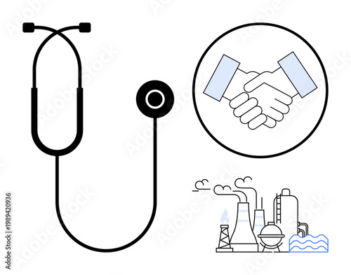 Healthcare, environmental issues, partnerships, industrial pollution, cooperation, and sustainability. A stethoscope, handshake in a circle and an industrial factory emitting pollution. Healthcare