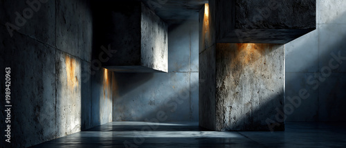 Brutalist concrete interior with dramatic light beams, deep shadows, and a moody atmospheric architectural composition.