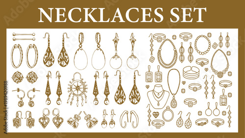 Vintage Jewelry Collection Vector Set: Hand-Drawn Sketch of Elegant Earrings, Necklaces, and Pendants – Antique Boho Style Bijouterie and Filigree Accessories for Fashion Branding and Luxury Design