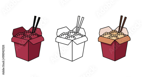 Set of three Asian-style takeout food boxes with chopsticks in different colors, ready for delivery or meal service