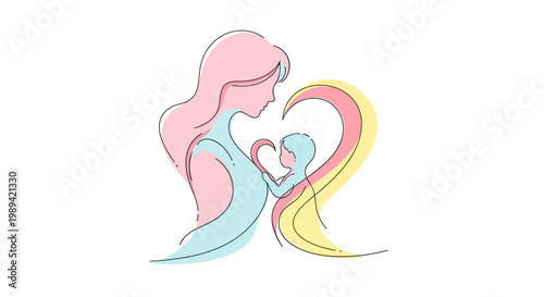Minimalist vector illustration depicting a loving embrace between a mother and child, stylized as line art forming a heart shape, conveying warmth and love for Mother's Day against a clean