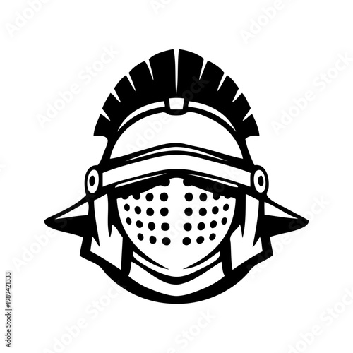 Logo casco de gladiador romano. Icono con dibujo minimalista con líneas de un casco integral de gladiador romano, visto de frente 
