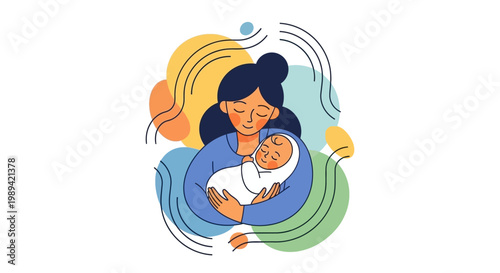 A loving Mother's Day illustration featuring a brunette mother tenderly holding her newborn baby against a soft, pastel-colored background expressing a mood of warmth and affection