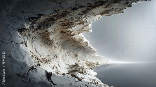 Dramatic abstract wave form with misty coastal light, sea spray, and a moody atmospheric seascape mood.