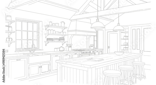 Detailed line art drawing of a modern farmhouse kitchen interior with island and exposed beams, architectural blueprint illustration.